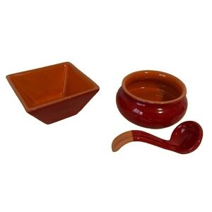 Crate Barrel Red Salsa Dip Bowl Glazed Pottery Ceramic w/Ladle Square Bowl SET